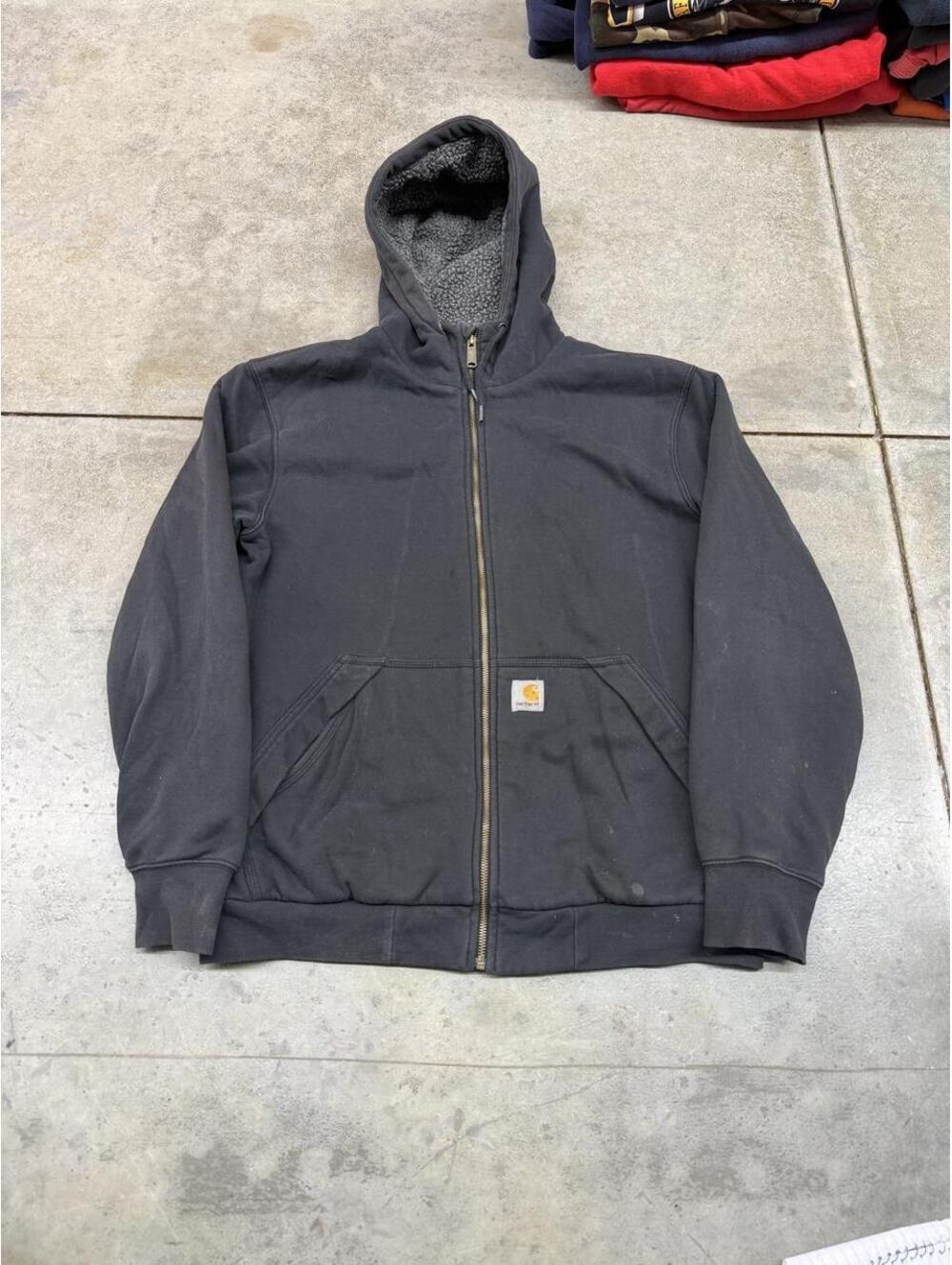 vintage carhartt sherpa lined faded black zip up hoodie size medium